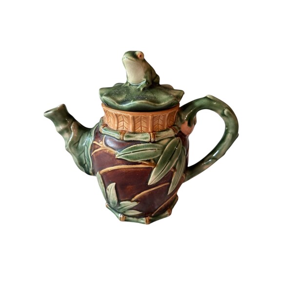 Whimsical Frog & Bamboo Ceramic Teapot - Cottagecore Nature Lovers Kettle - Picture 1 of 5